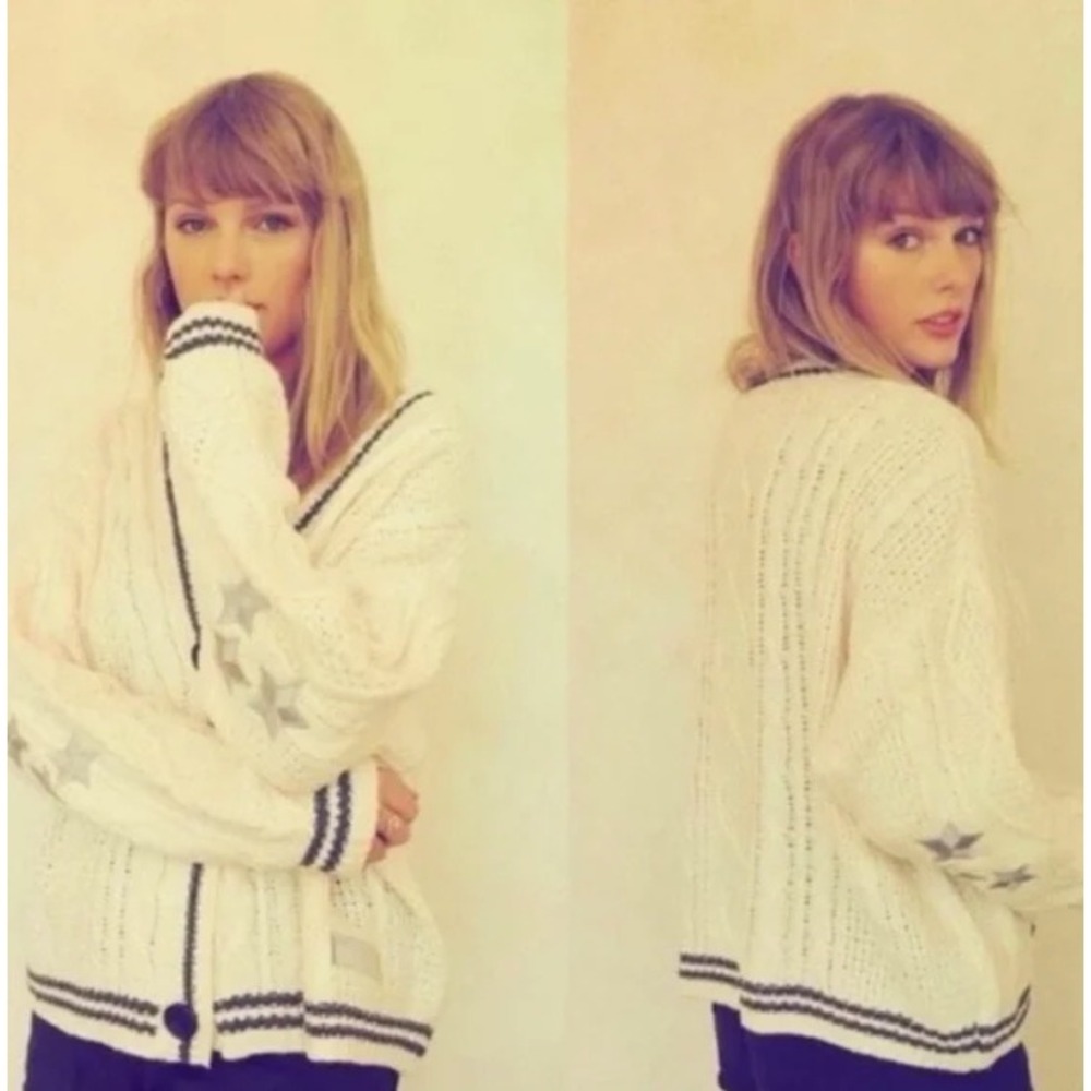 Taylor Swift Style Knit Cardigan Cream Cable Knit Striped Button Front sz xl